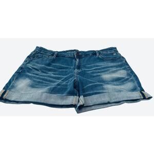 TOMMY HILFIGER HI-RISE DISTRESSED DENIM SHORTS, WOMENS, 14, DENIM BLUE, FOLD HEM